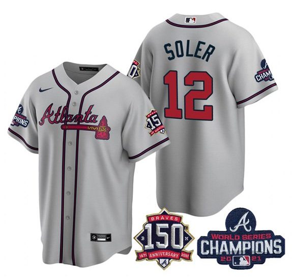Men's Atlanta Braves #12 Jorge Soler 2021 Grey World Series Champions With 150th Anniversary Patch Cool Base Stitched Jersey
